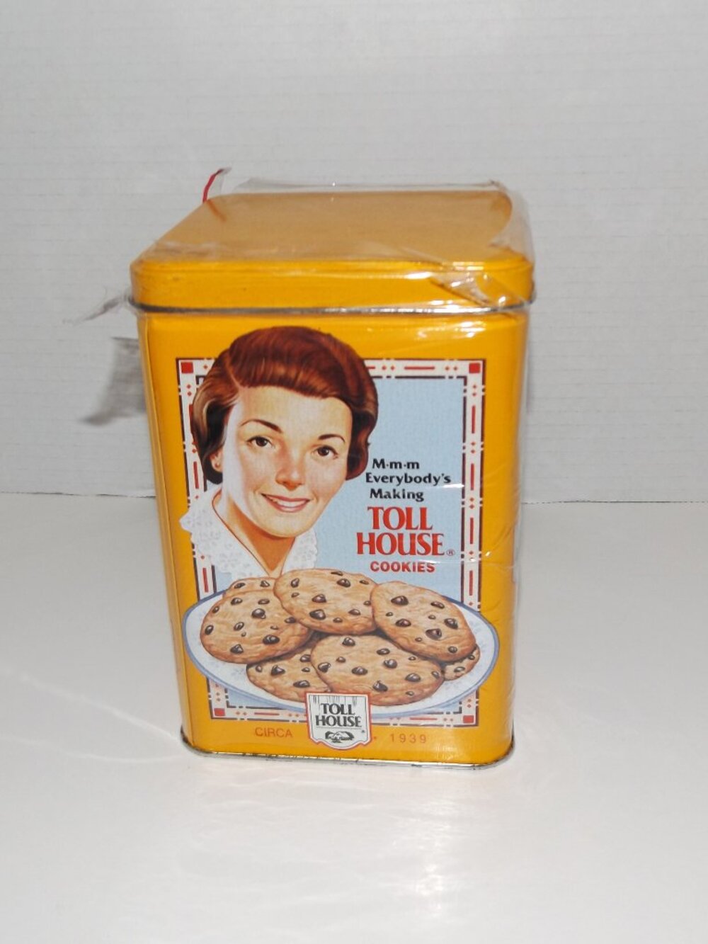 1990s Yellow Nestle Toll House Nostalgia Metal Canister Original Cellophane Wrap